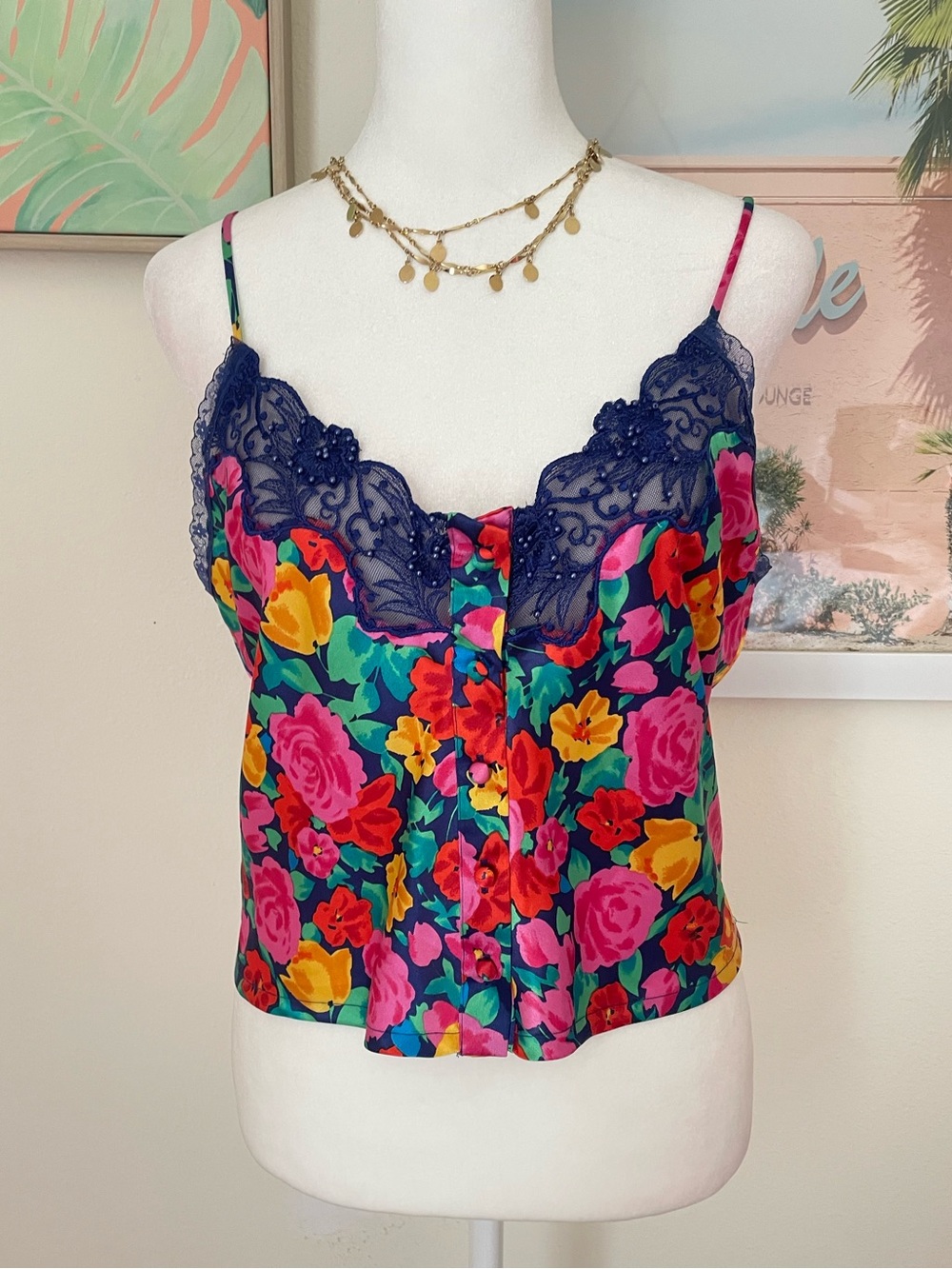 VICTORIA’S SECRET Vintage 90s Y2K Gold Label Floral Satin Lace Cami Tank Top
